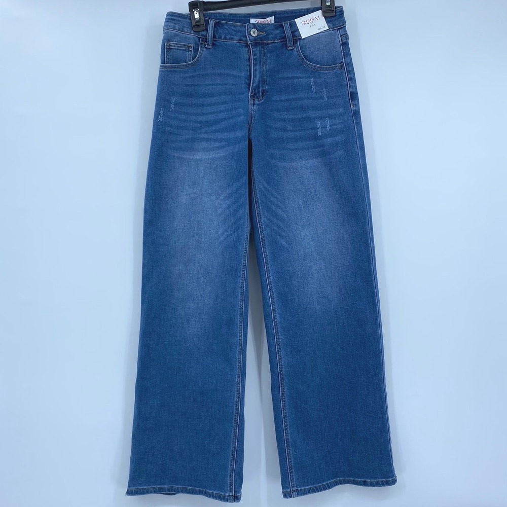 Shapum Jeans Womens Medium Blue Wide Leg Distressed Denim Pants New With Tags